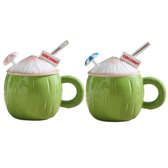 Tazza da Caffè in Ceramica a Forma di Cocco Tazza da Caffè con Manico Coperchio Mini Ombrello Cannuccia Resistente alle Alte Temperature Stoviglie Estive