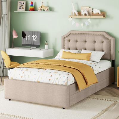 Lit d'enfant 90x200cm Sommier Tapissier Chevet Rembourrage Rivets Double tiroirs Lin Adulte Jeune Sans matelas