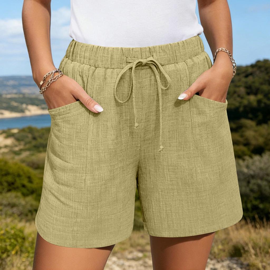 Women's Casual Linen Shorts Elastic Waisted Drawstring Summer Shorts With Pockets