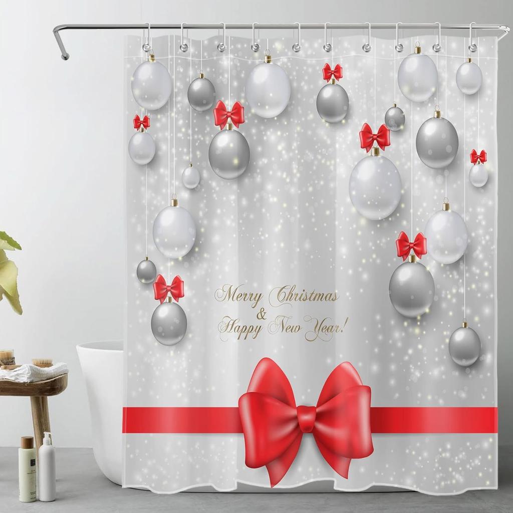 Christmas Shower Curtain for Bathroom,Xmas Pine Tree Forest and White Snowflake on Pink Shower Curtain with Hooks WinterBathroom