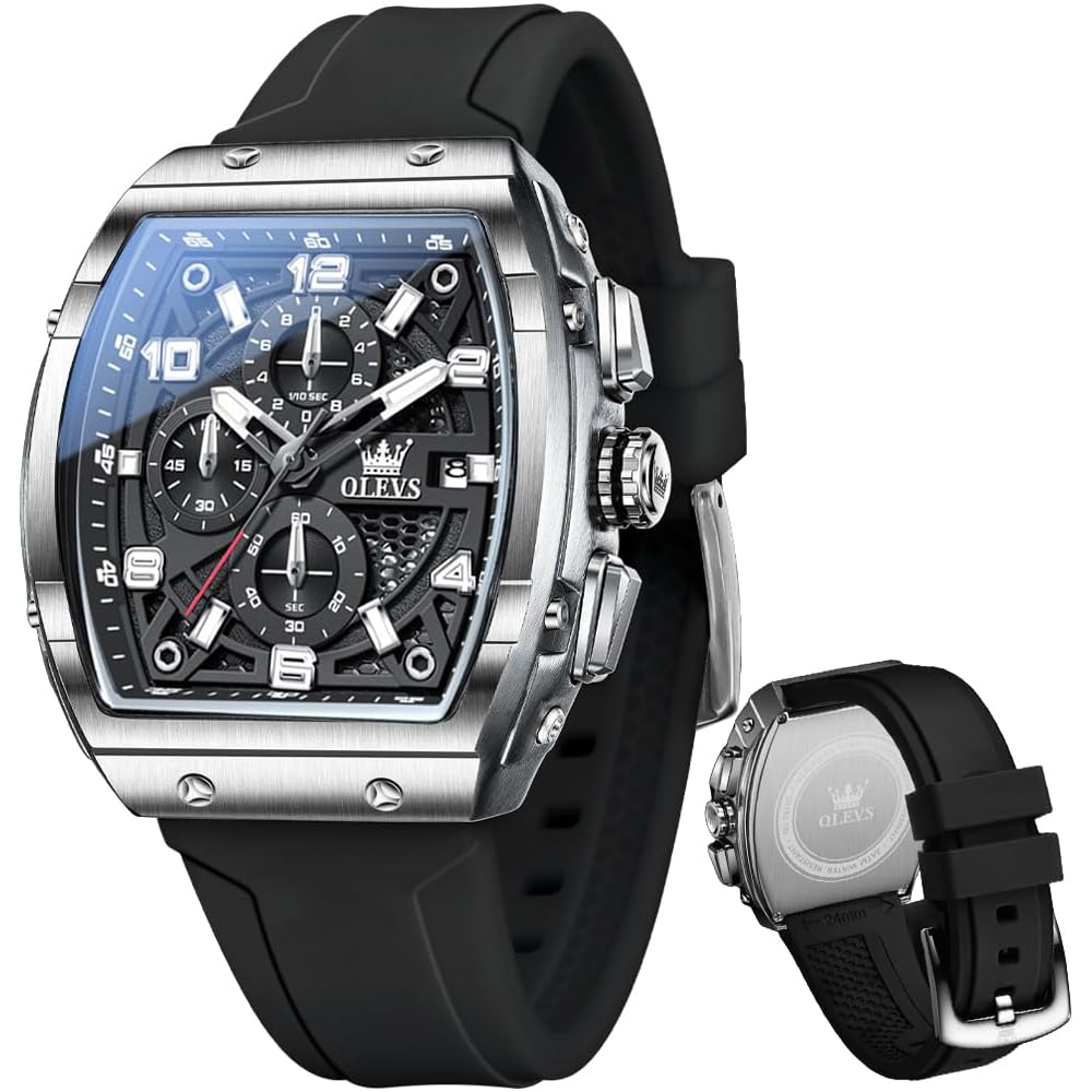 OLEVS Men s Stylish Chronograph Waterproof Multifunction Watch with Silicone Strap Silver Black