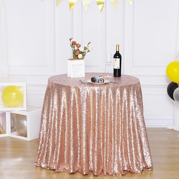 Round Rose Gold Sequin Tablecloth Glitter Table Cloths for Birthday Wedding Bridal Baby Shower Party Decorations