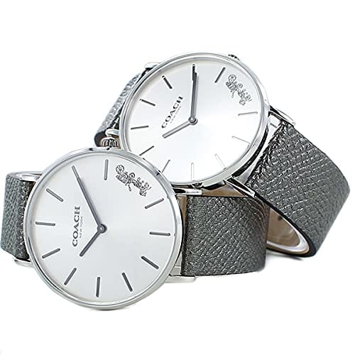 Coach storage box pair watch set, two-piece, matching metallic gray leather watches for adults, 1450315514503155