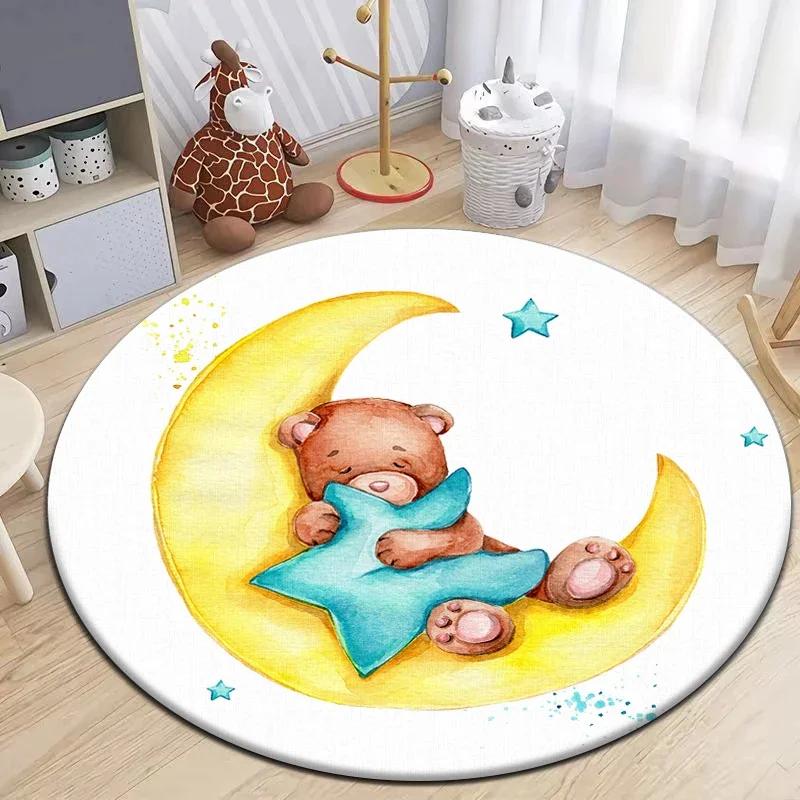 Cartoon Cute Little Bear Animals Round Carpet for Living Room Decor Kid's Bedroom Play Floor Mat Anti-Slip Camping Picnic Mats