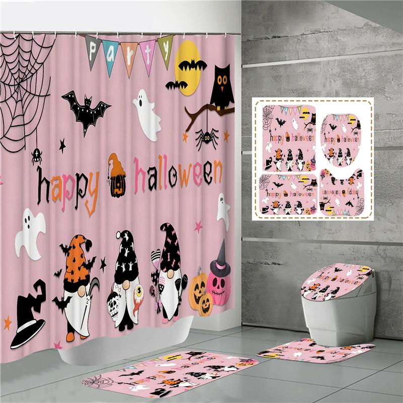 HOT Halloween Ghost Pumpkin Skull Shower Curtain Set with Non-Slip Rugs Toilet Lid Cover and Bath Mat Washable Trick or Treat