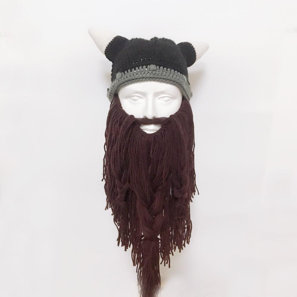 Horn Hat Viking Beard Beanie Handmade Knit Big Beard Mask Hat Wig Beard Hats Costume Accessory
