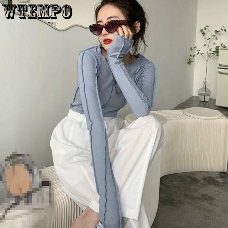 WTEMPO Tricouri cu mânecă lungă cu decolteu O Femei Subțire Rhodo Blue Chic Streetwear Femei Cool Coreeană de primăvară Casual Tops