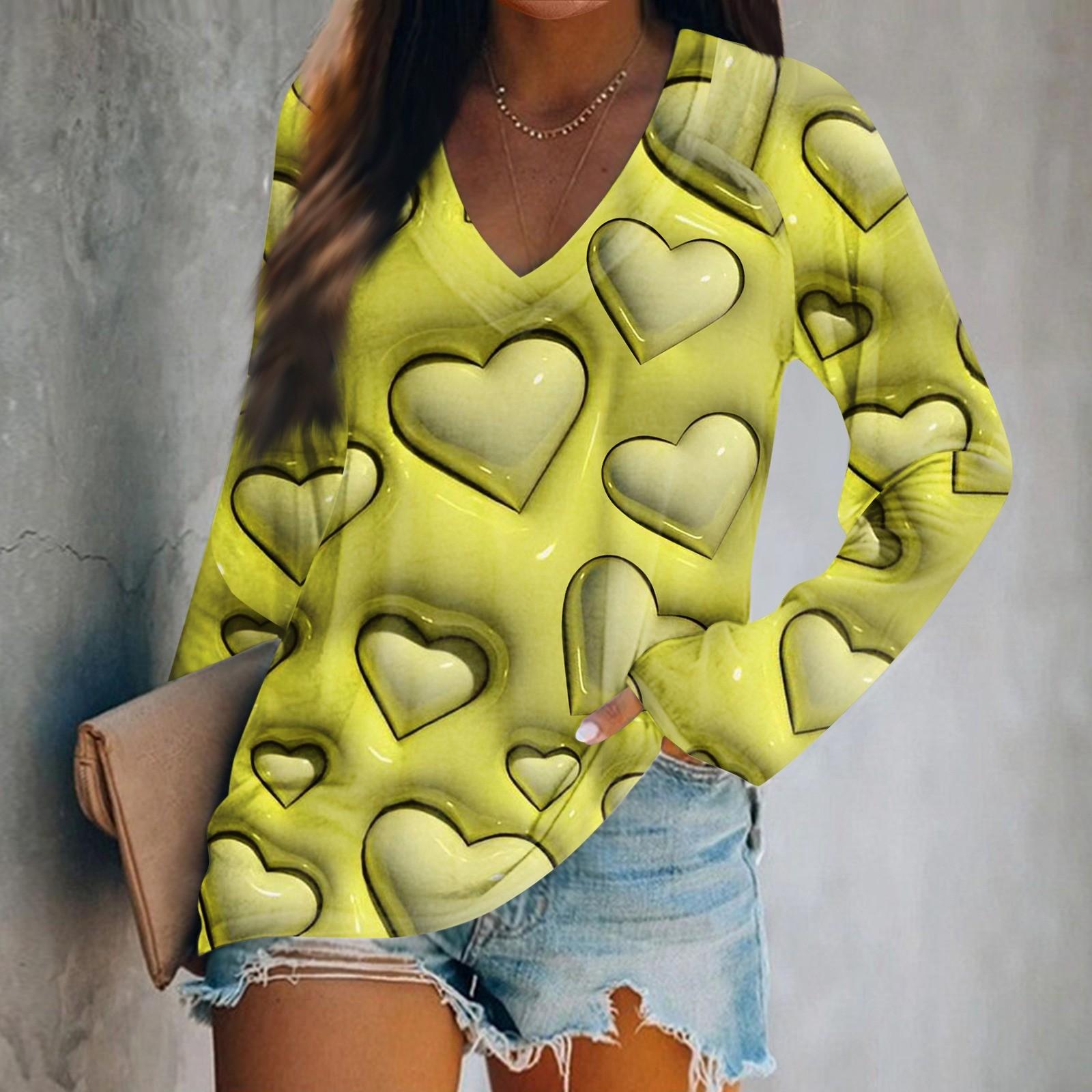 

Женская футболка с длинными рукавами и V-образным вырезом с принтом ко Дню святого Валентина. Повседневный и удобный топ XL жёлтый