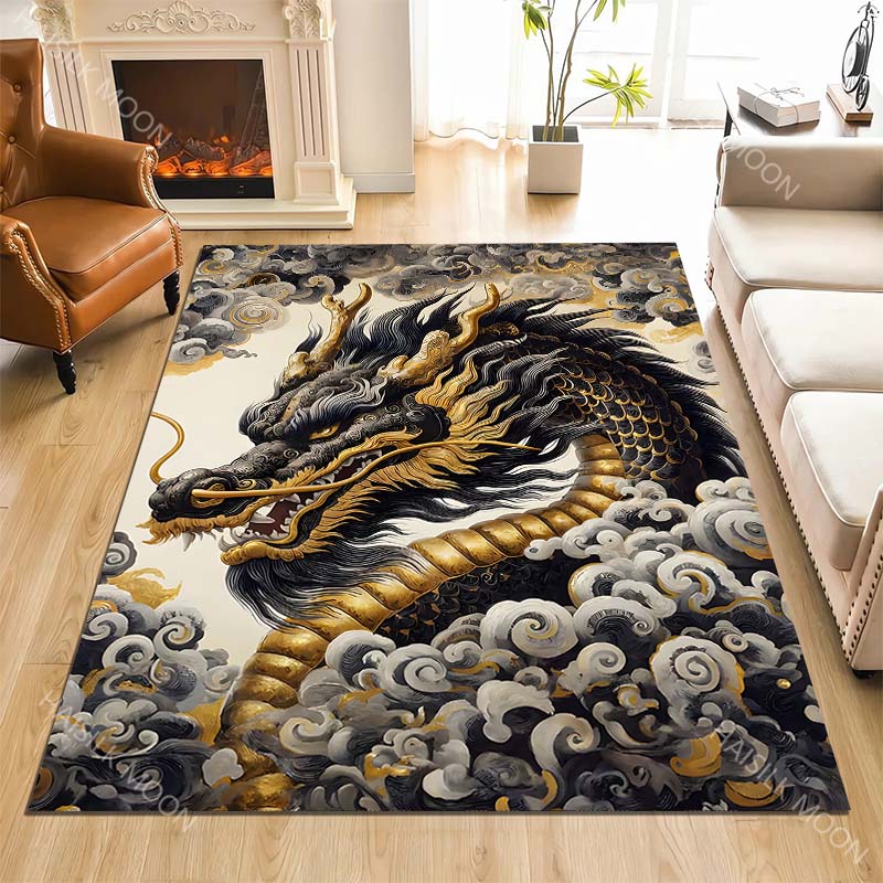 Golden Black Dragon In Clouds Print Carpet Rug for Living Room Bedroom Sofa Doormat Home Decor Non-slip Floor Mat