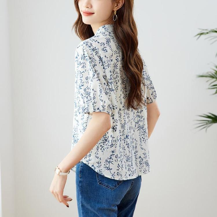 New Chinese Style Women Summer Short Sleeve Shirt Blue White Porcelain Floral Print Youthful Age Reducing Tee