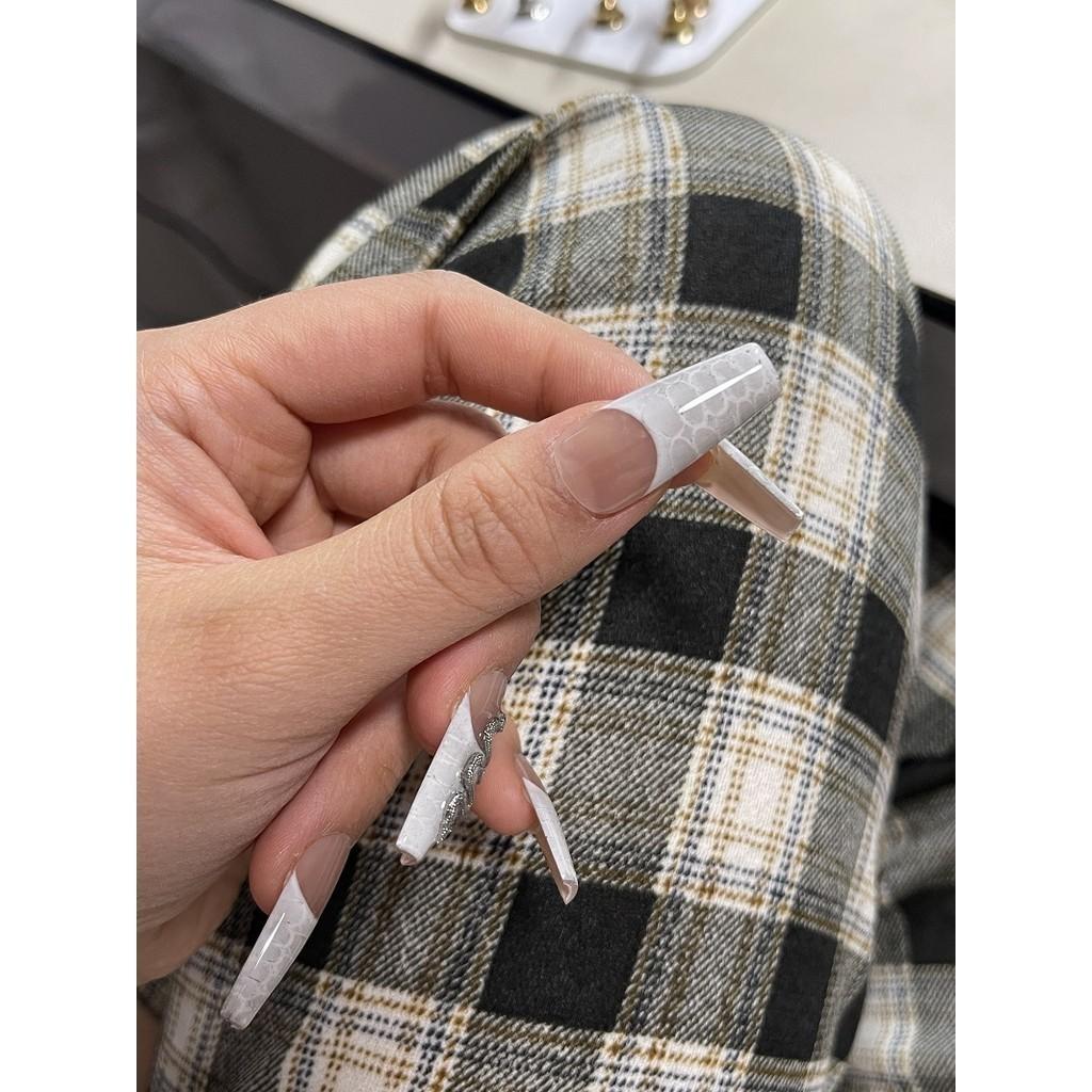 100% HANDMADE Long Coffin Shape Fake Nail Set with Glue White Snake Pattern Silver Snake Y2K Press On Nails Acrylic Fake Nails Reusable Fake Nails