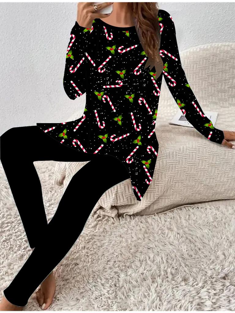 Euro-American Fashion 3D Christmas Printed Women's  Four-season Long-sleeved T-shirt + Long Pants Two-piece Set. Perfect Gift for New Year & Christmas