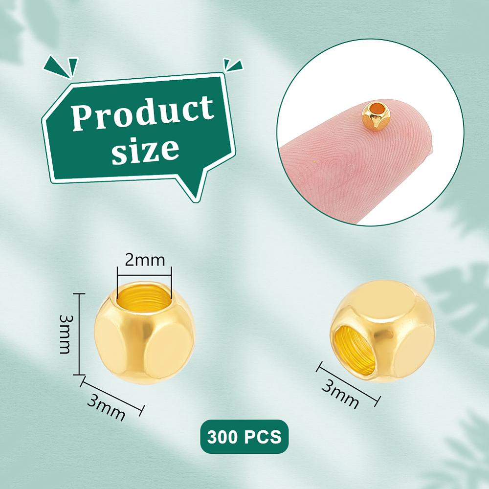 300Pcs Cube Brass Spacer Beads, Barrel Plating, Cube, Golden, 3x3x3mm, Hole: 2mm