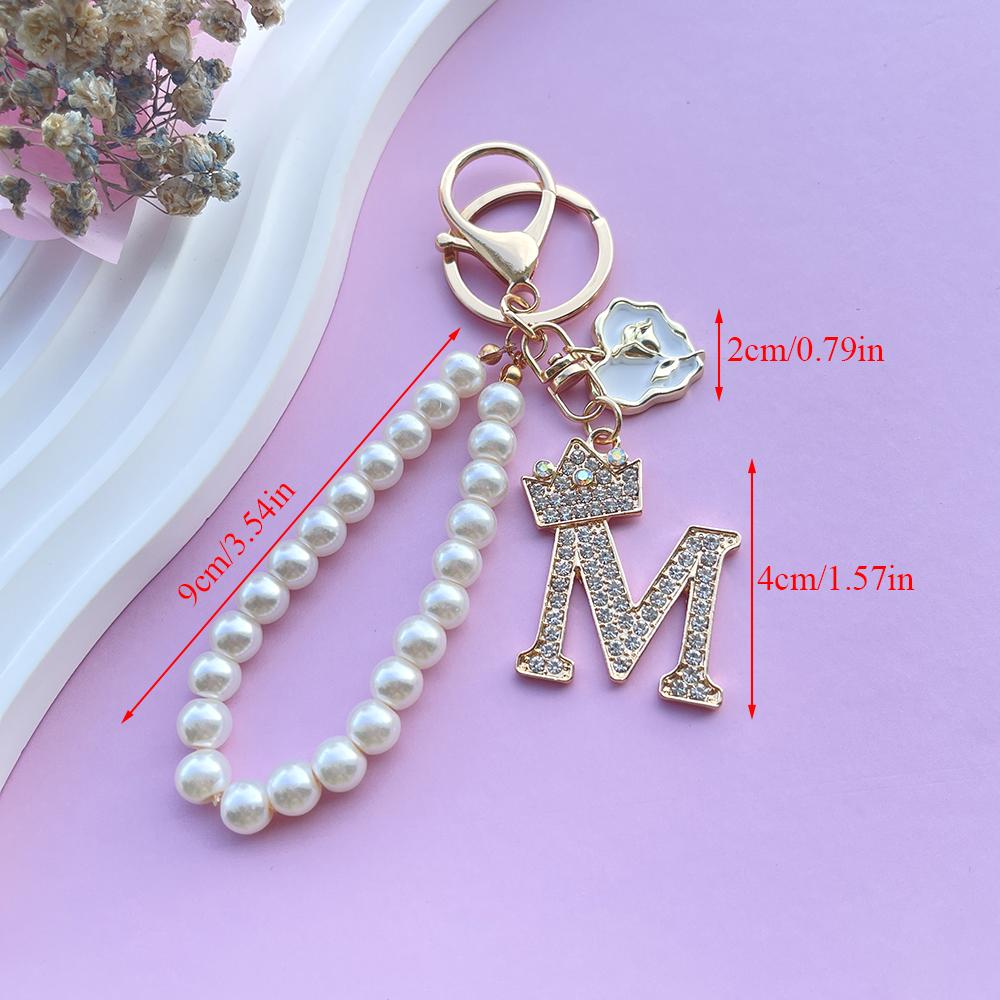 Boutique Crown A-Z 26 Initial Letters Rose Keyring Crystal Faux Pearl Resin Beaded Keychain Bag Pendant Women Girl Gifts Jewelry