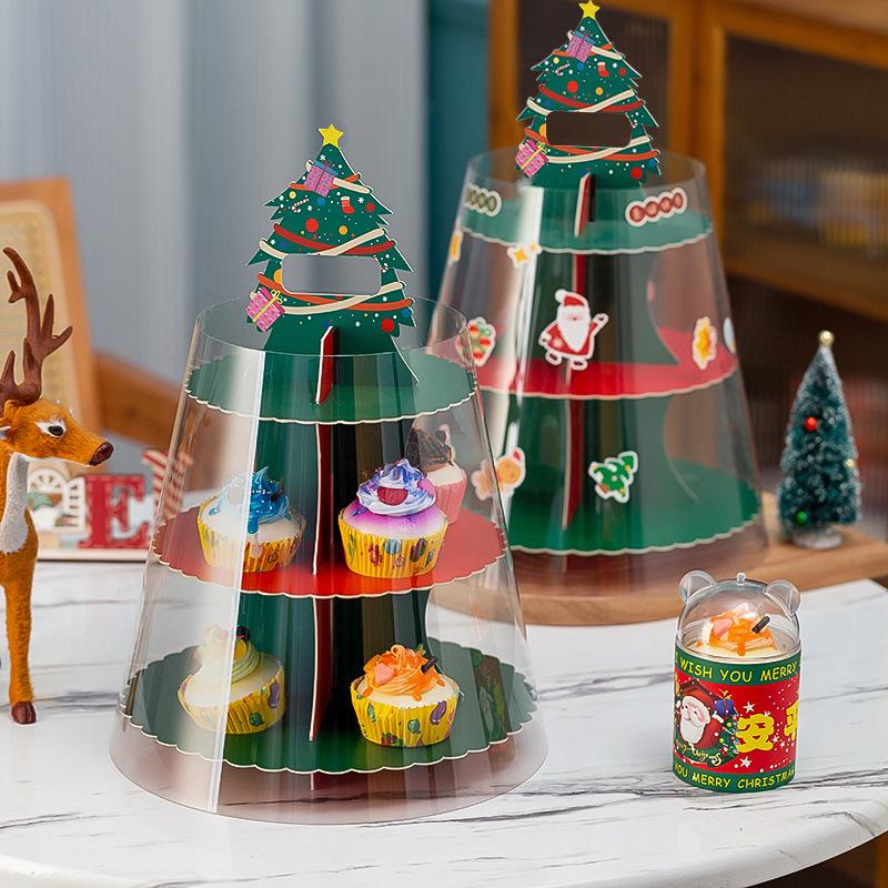 Christmas Paper Cupcake Packaging Box, Multi-layer Transparent Thickened Happiness Tower Packaging Box, Dessert Table