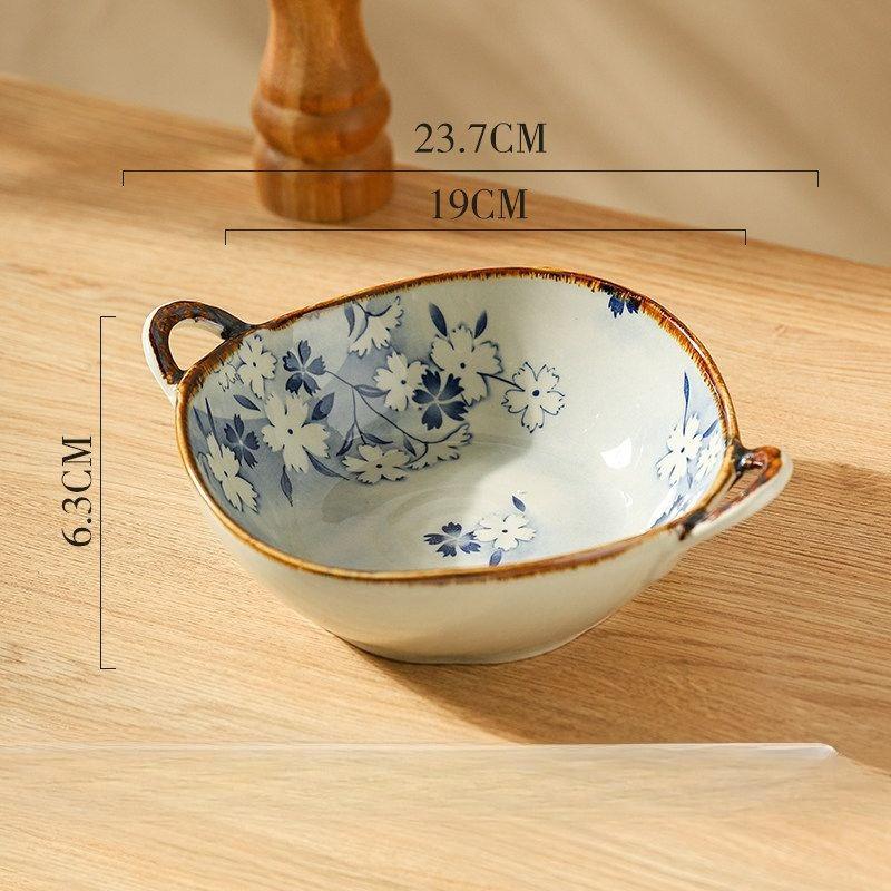 

Flowers Plants Japanese Household Noodle Bowl Ceramic Soup Bowl with Handle Salad Bowl Kitchen Tableware Microwave Oven Secure