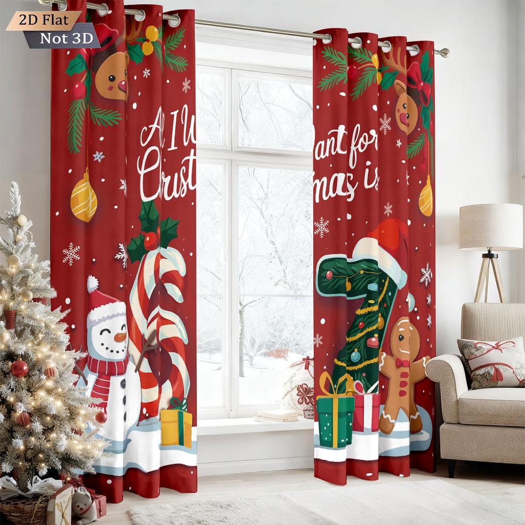 Set Of 2 Merry Christmas Element Print Perforated Curtains Various Sizes Living Rooms Bedrooms Insulation Decoration Curtain Blackout Polyester Ideal