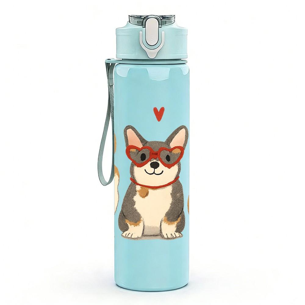 1PC Diseño de Marco de Corazón con Tres Corgis Botella de Agua Deportiva de Plástico de Color de 750 ml Tapa con Pitorro abatible a Prueba de Fugas Para Deporte, Oficina, Uso en Casa