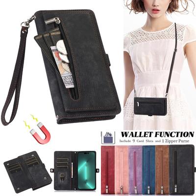 9 Card Flip Retro Zipper Leather Crossbody Wallet Case For iPhone 15 14 13 12 11 Pro Max XS MAX XR /Samsung S23 S22 S21 S20 Ultra Plus A14 A13 A54 A53