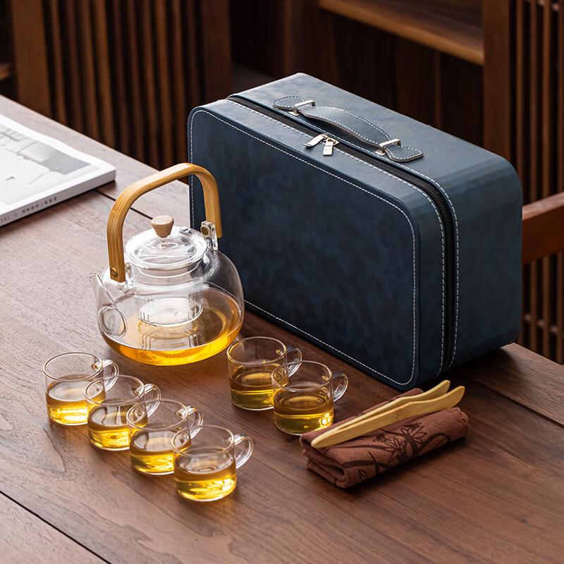Lailuo 1000ML Glass Teapot Travel Tea Set with Blue Bag