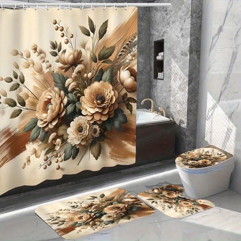 Water-Resistant Floral Shower Curtain Set With 12 Hooks, Non-Slip Bathroom Rugs, Toilet Seat Cover, Decorative Woven Polyester