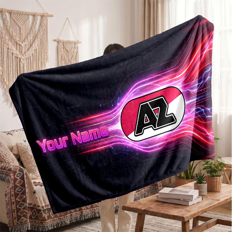 AZ Alkmaar Personalized Fleece Blanket With Football Logo, Custom Name Text Soft Warm Home Throw Blanket