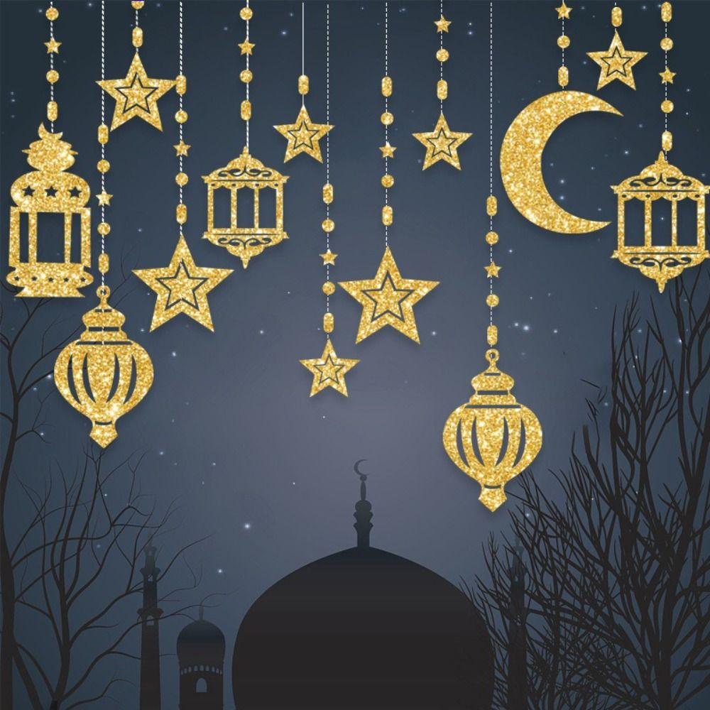 DIY Paper Ramadan Kareem Decor Gold Silver Hang Garland Star Moon Lantern Eid Atmosphere
