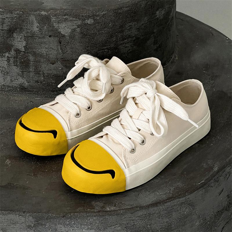 

Fashion Men s Casual Shoes High Quality Comfort Niche Design Smiley Walking Shoe Breathable Canvas Lace Up Board Shoes Zapatillas Hombre 39 белый