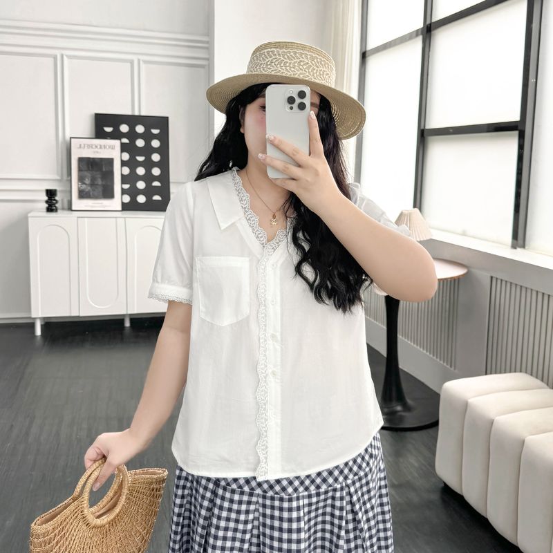 

Plus size women clothing [French style Artistic Shirts] Ice Flower Cotton Elegant Lace V-neck Short sleeve Summer Belly Covering Shirt Moonlight White-Shirt 8xl