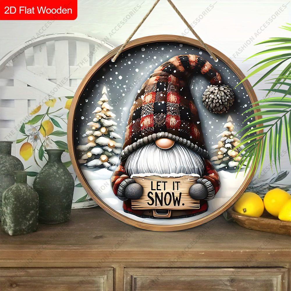 Plaid Gnome LET IT SNOW Round Wooden Hanging Sign, 2D Flat Printed Christmas Wall Door Ornament, Winter Xmas Home Decor Gift