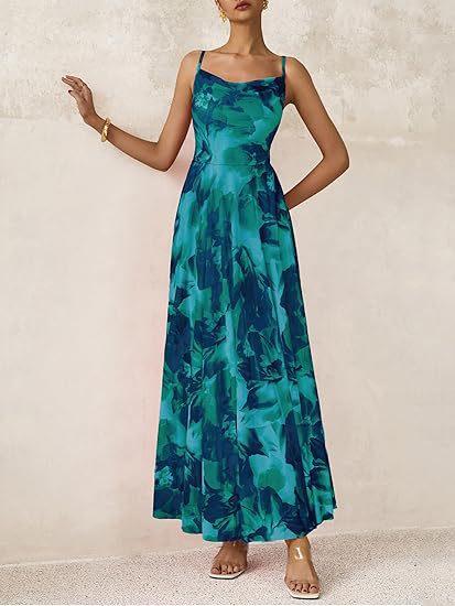 European and American new elegant thin shoulder strap dress printed party dress beach dress