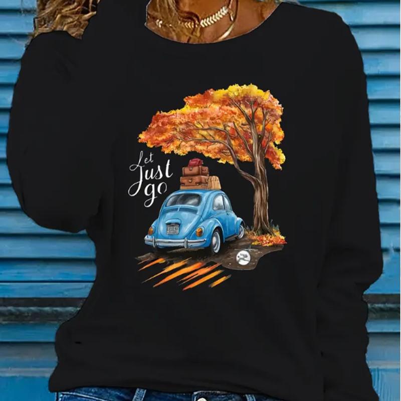 Top da donna Albero dorato Stampa auto Girocollo Manica lunga T-shirt Autunno Casual Slim Pullover Top da donna a manica lunga