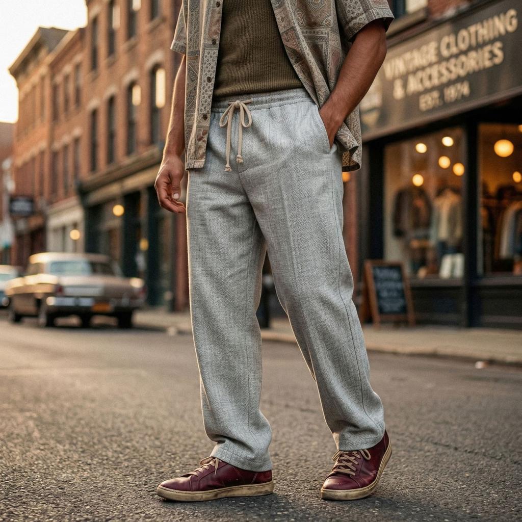 Men's Casual Drawstring Waist Pants with Multi-Pockets Relaxed Fit Straight Leg Lightweight Fabric Leisure Sports Trousers