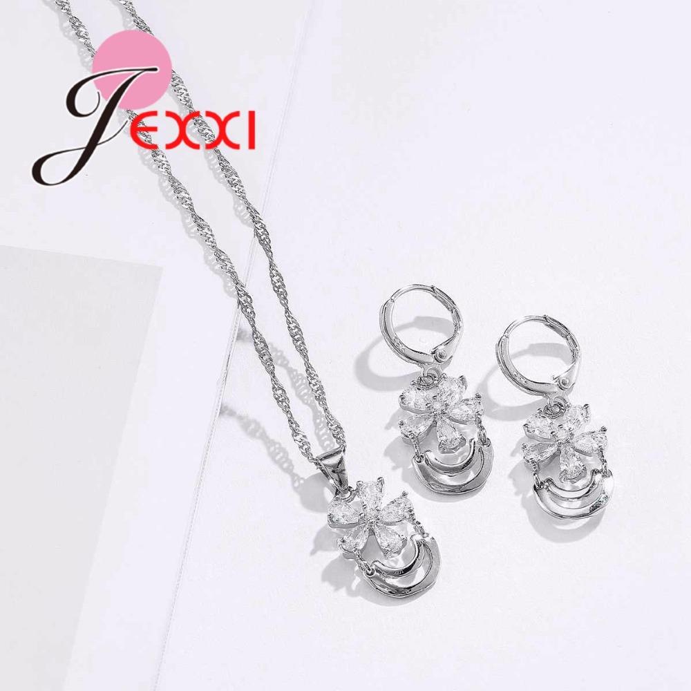 925 Sterling Silver Wedding Jewelry Set With CZ Cubic Zirconia Flower Pendant Necklace Earrings Sets for Women