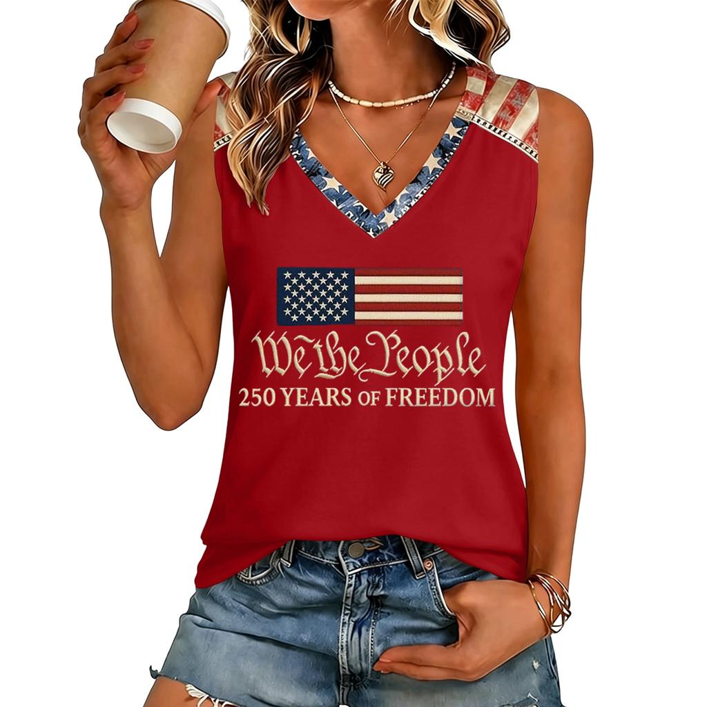 Women V Neck Casual Sleeveless Tank Top 250 Years Of Freedom Letter Print Lightweight Summer Shirt Sleeveless Blouse