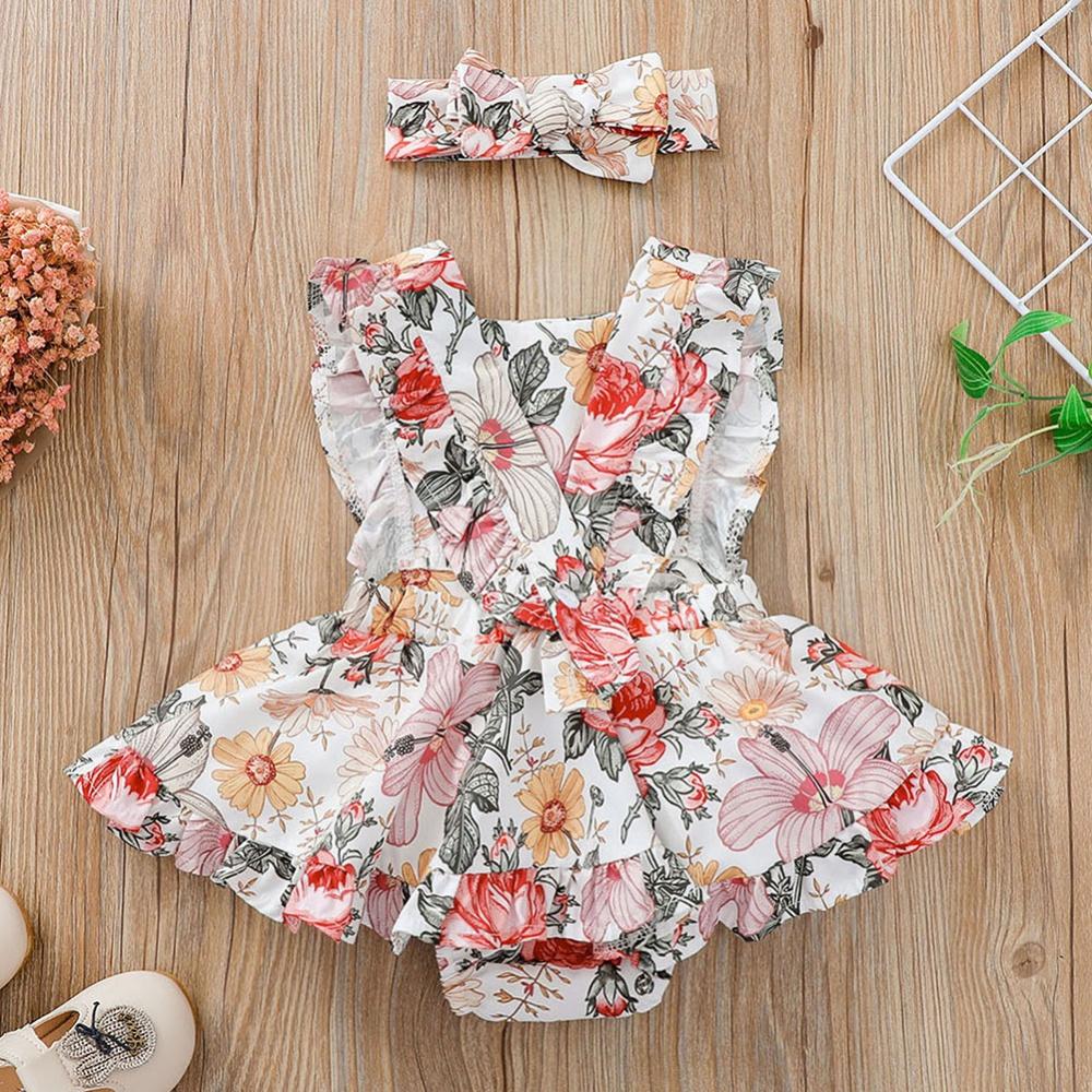 Infant Baby Girl Floral Bodysuit Dress With Headband Ruffle Sleeve Romper Skirts Jumpsuit 0-24M
