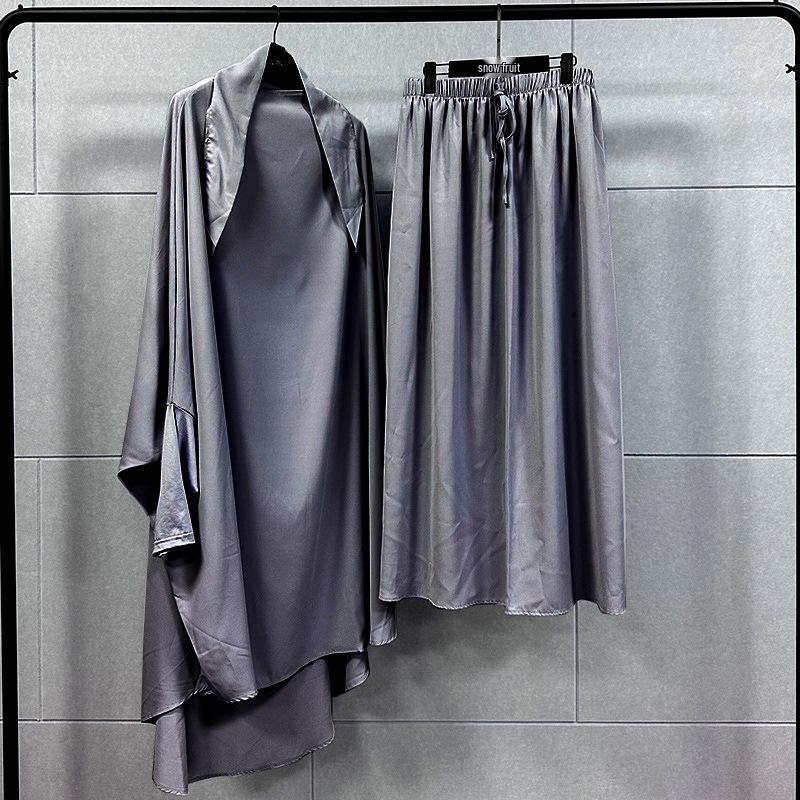 Plus Size Solid Color Dubai Dress & Skirt Set for Muslim Women - Loose Wide Hem