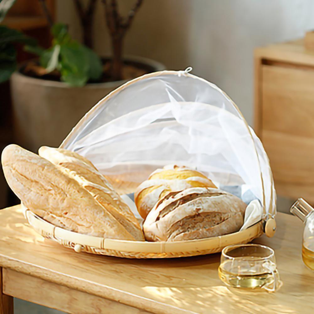 Hand-woven Snack Fruit Basket Tray Vegetable Bread Storage Basket Simple Atmospheric Outdoor Picnic Basket with Mesh Mesh Lid