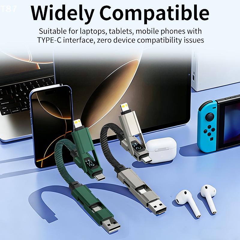 For Galaxy A17 4 In 1 Short Type C Keychain Lanyard Data Cables With LED Display,Braided PD Fast Charging Cord