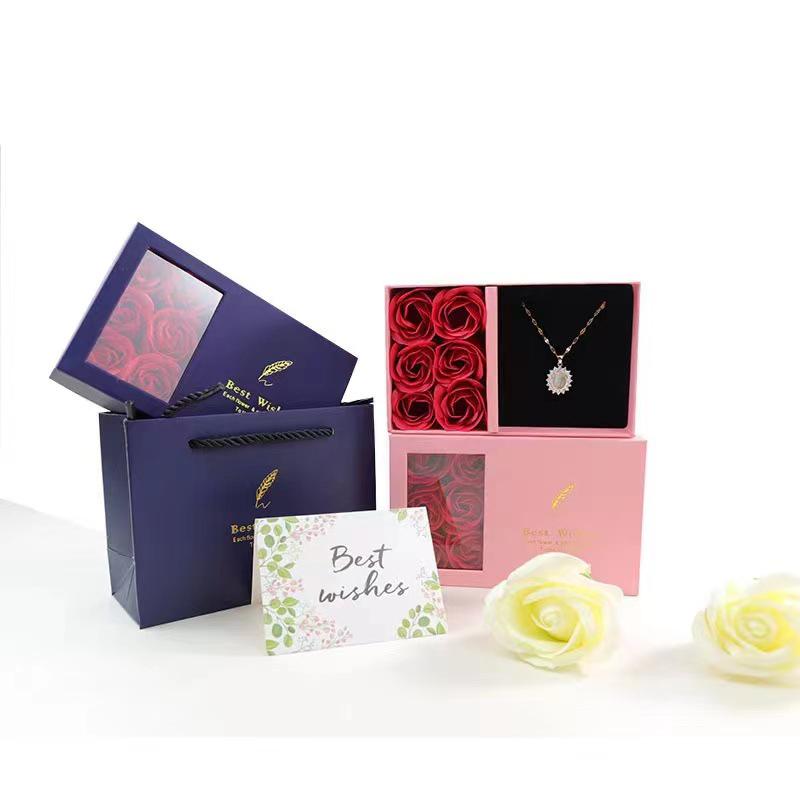 520 Qixi Preserved Rose and Ring Gift Box with Windowed Lid - 6 Roses and Pendant Display