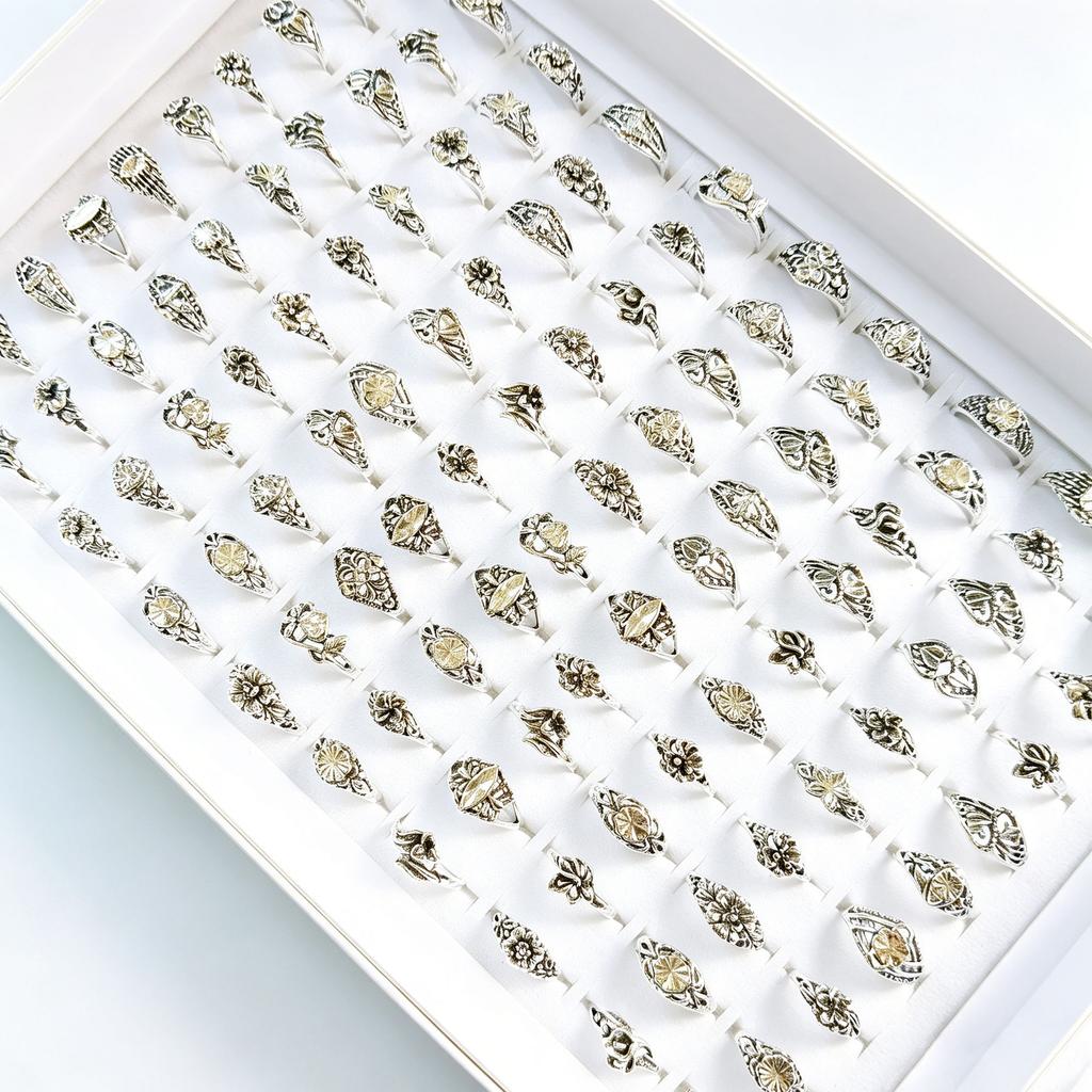 10Pcs Chinese-style retro engraved ring, alloy accessory ring, party simple ring, finger ring
