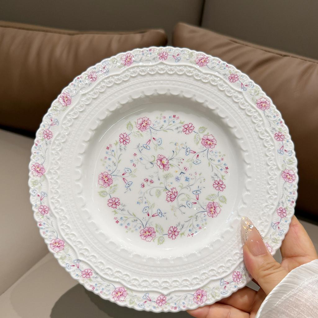 French Style Relief Dessert Plates 8 Inch Flower Pattern High Aesthetic Dinner Tableware Floral Shape Exquisite Ceramic Dish