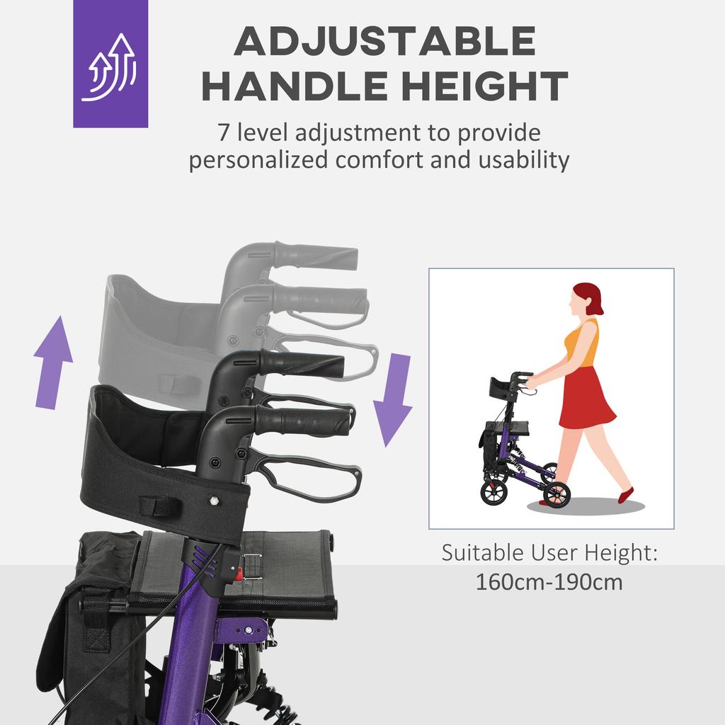 Folding Rollator Walker with Seat, Backrest, Lightweight Walking Frame with Storage Bag, Dual Brakes, Adjustable Handle Height, Suspension System
