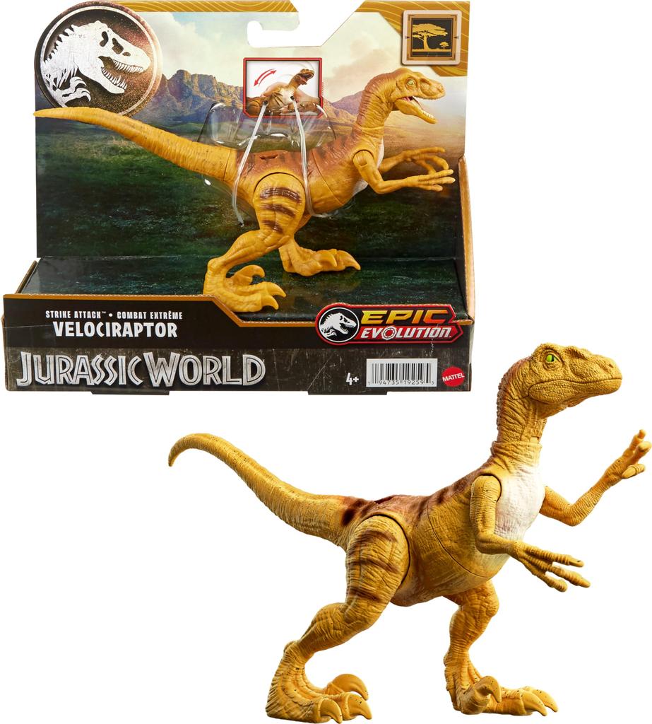 Mattel Jurassic World Strike Attack Velociraptor Dinosaur Toy with Single Strike Movable Action Figure Gift with Physical Digital Play Action, Joints,