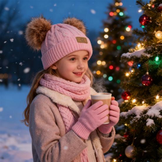 Yousheng 3Pcs/Set Kids Winter Hat Scarf Gloves Set Two Plush Ball Decor Twist Texture Brimless Hat Knitting Gloves Fleece Lining Neck Gaiter Set