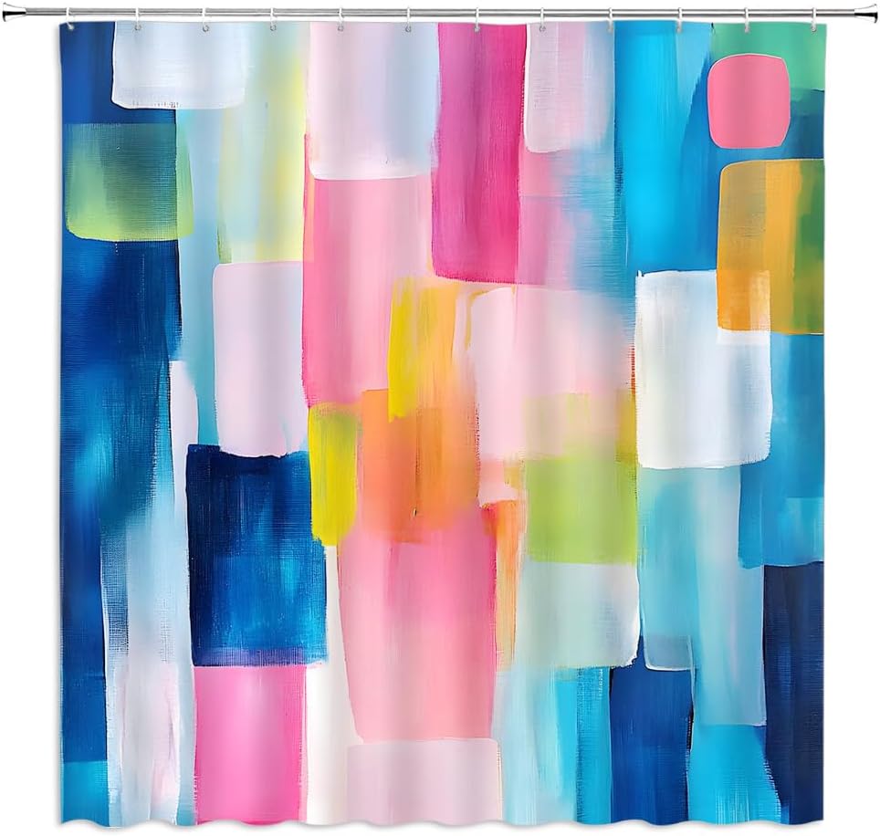 Abstract Shower Curtain Pink Blue Teal Geometric Modern Colorful Aesthetic Minimalist Bathroom Decor Curtains Set with Hooks,