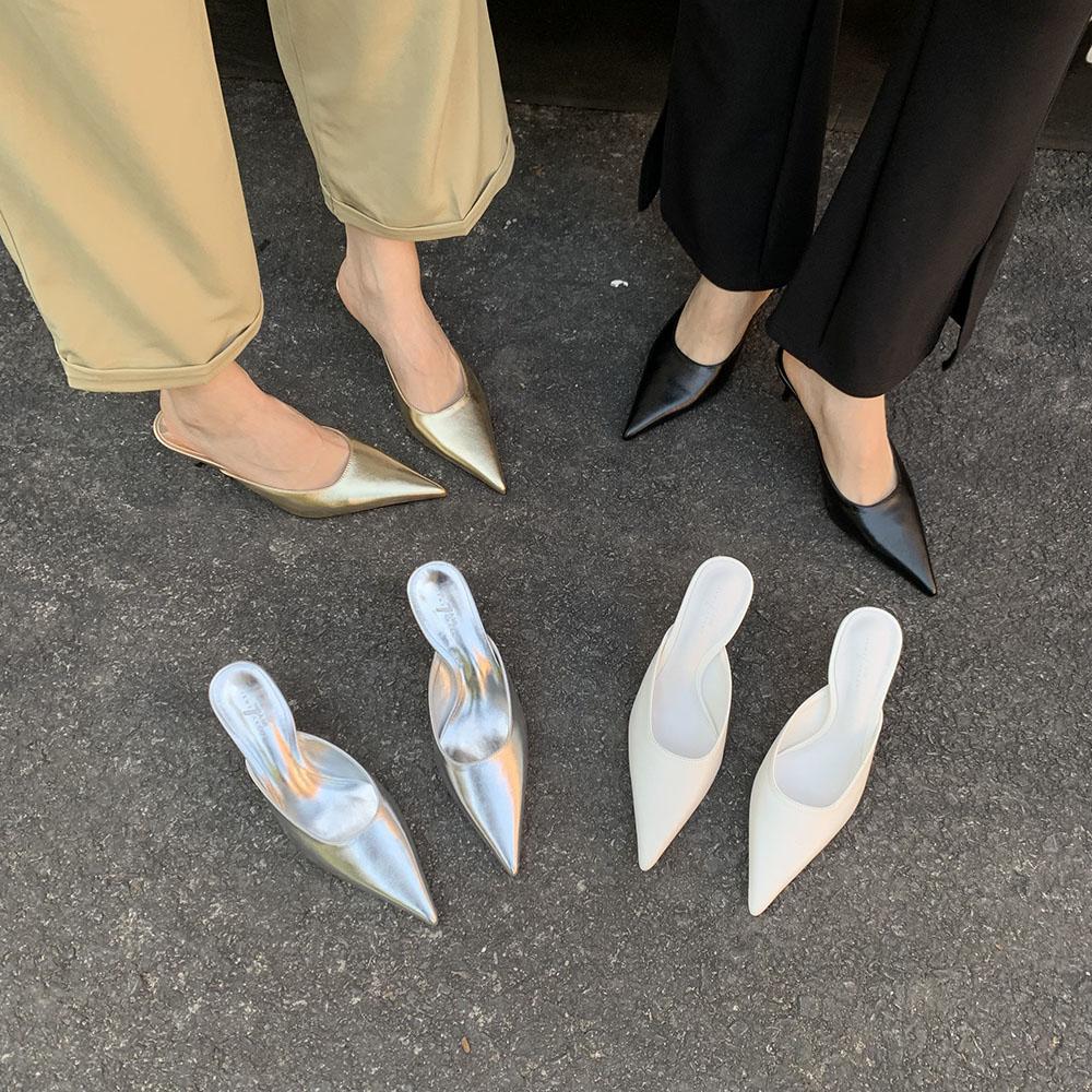 Fashion Pointed Toe Women Slides Slippers Outside Mules Shoes Black Gold Silver White Thin High Heels Summer Outside Mules Shoes Office