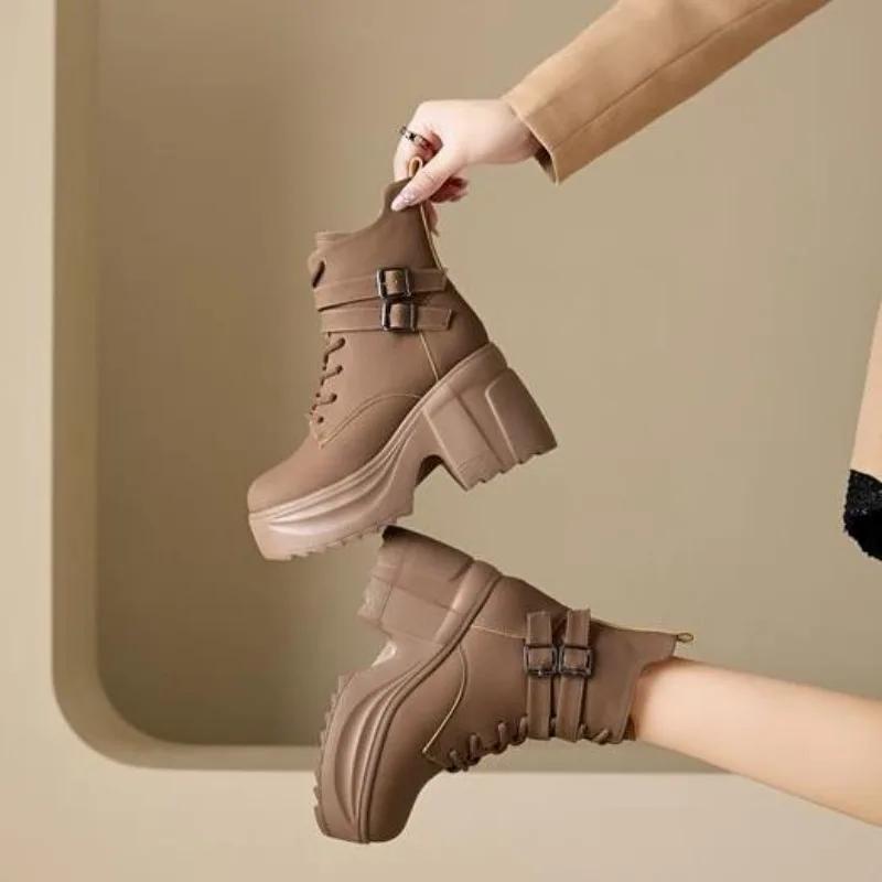 Fashion 10cm Microfiber Synthetic Women ZIP Chunky Heels Platform Booties Autumn Ankle Spring Ankle Motorcycle Thick Soled Shoes