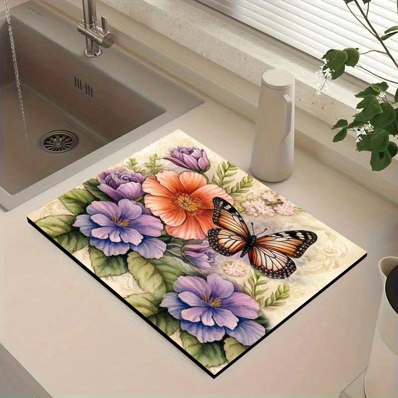 1Pcs Rubber Drying Mat With Flower Pattern For Coffee Shop Restaurant Kitchen Carpet Tableware Durable Diatom Mud Table Mat Pet Mat Coffeeware