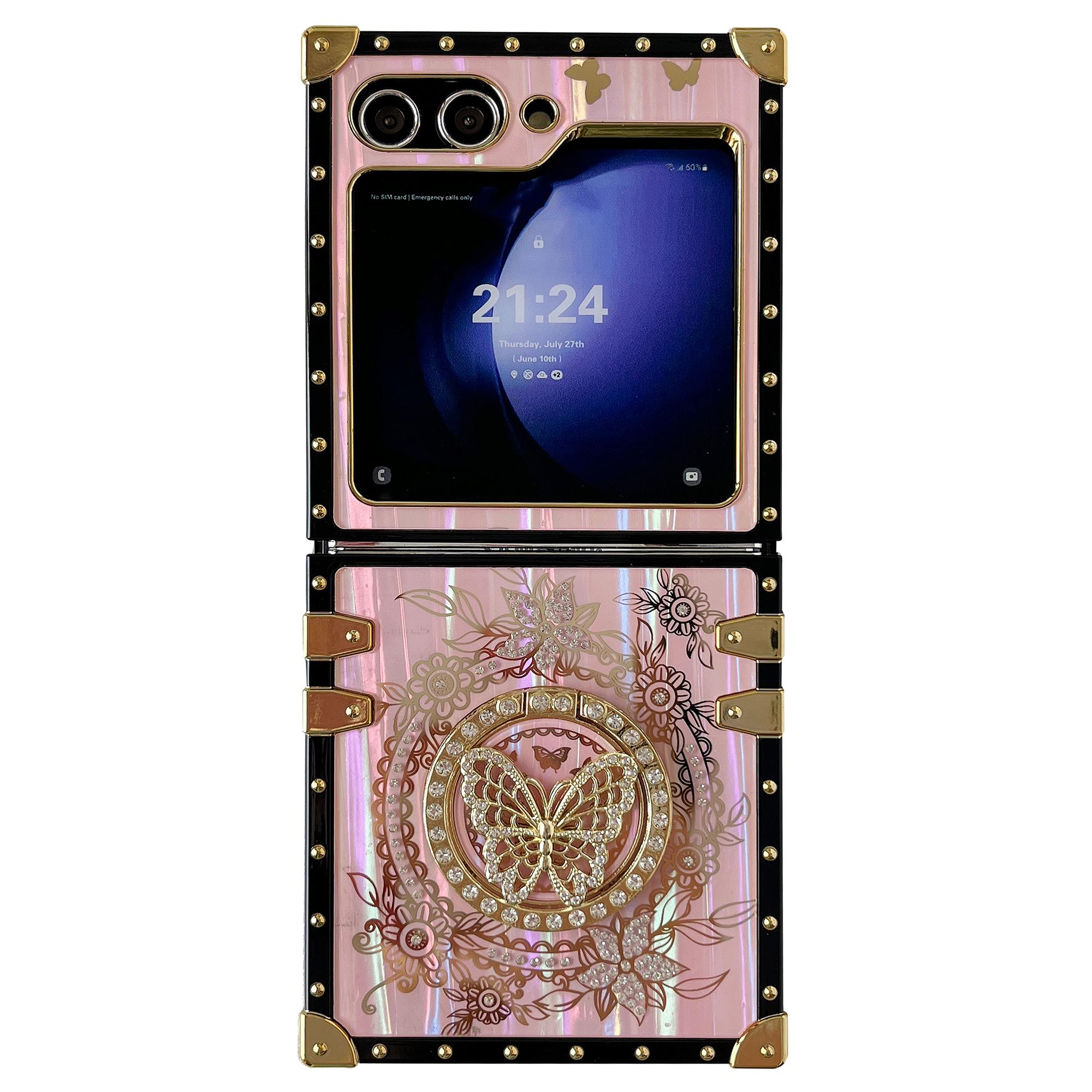 

Чехол для Samsung Galaxy Z Flip5 5G с декором в виде бабочки, подставкой, ТПУ+ПК, гальваническим покрытием, чехол для телефона Pink